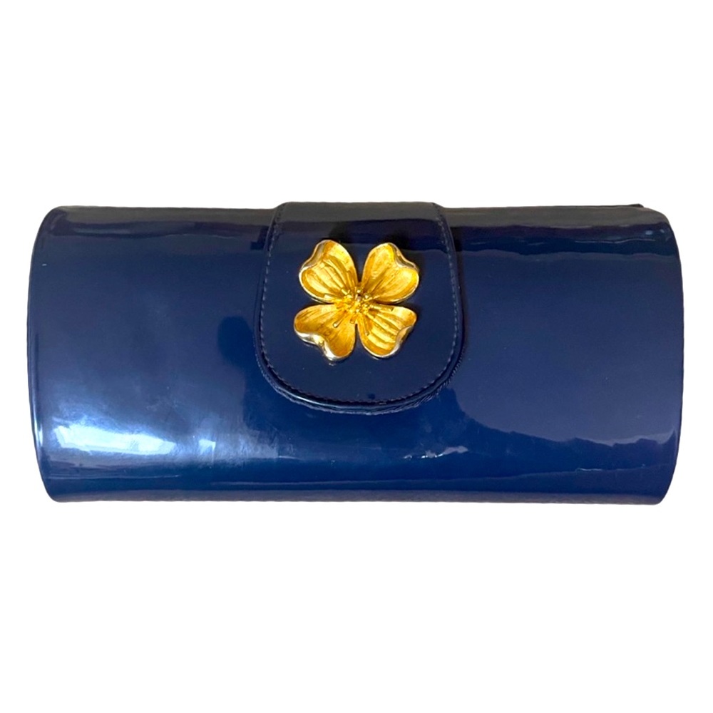 Morris Moskowitz Vintage Hard Shell Blue Clutch w Golden Dogwood Flower hardware